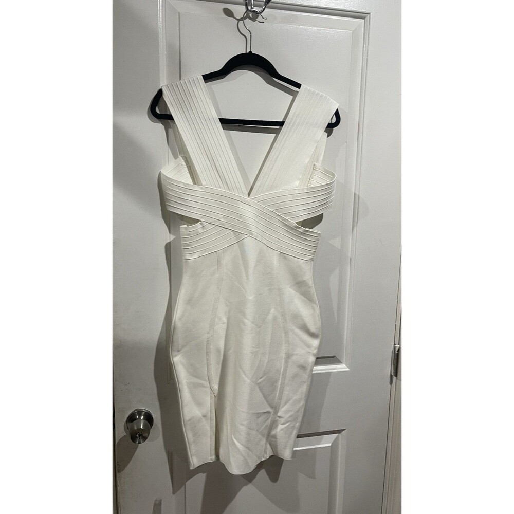 Herve Leger Paris Bandage White Bodycon Dress L Iconic Classic Wrapped